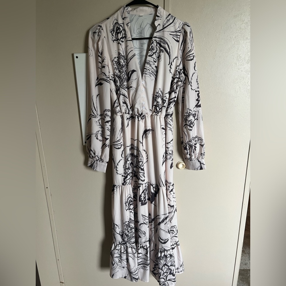 Shein- Elegant Black and White Floral Midi Dress